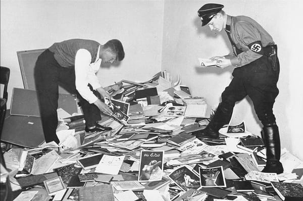 Two Nazis standing on a pile of ransacked documents and books from the Institute of Sexual Research.